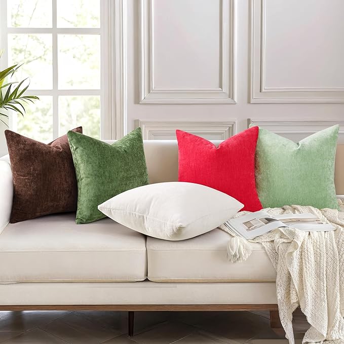 decorUhome Chenille Reddish Brown Throw Pillow Covers 16x16 Inch Set of 2, Decorative Soft Couch Pillow Covers Solid Dyed Accent Farmhouse Neutral Square Pillow Cases for Sofa