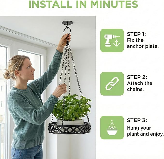 Hanging Planter with Metal Chain & Wall Hook, Stylish Indoor Outdoor Plant Hanger with 11 Inch Pot for Patio, Balcony, Porch Home Decor