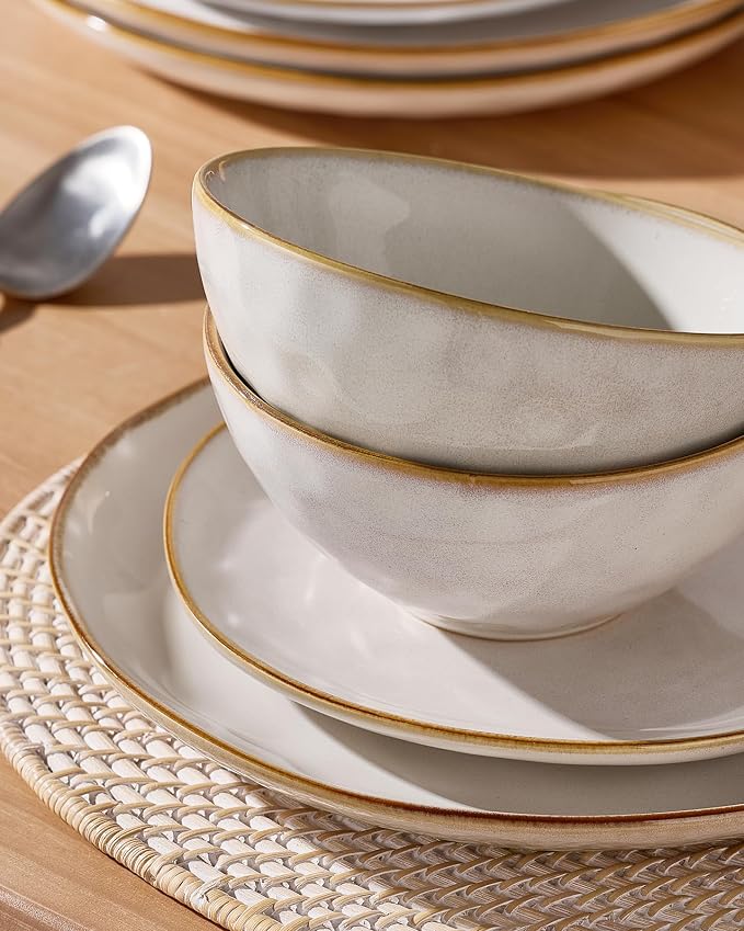 Famiware Dinnerware Sets for 4, Ocean Round 12-Piece Kitchen Plates and Bowls Sets, Reactive Glaze, Microwave and Dishwasher Safe, Scratch Resistant, Cappuccino White