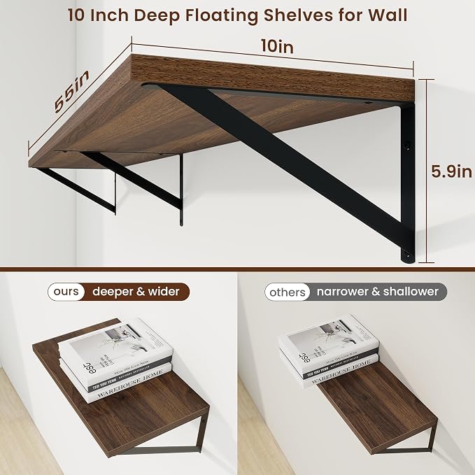 Axeman Deep Floating Shelves | 55 Inch Walnut Wall Shelves Set of 2 | 10 Inch Deep Wood Floating Shelves for Wall | 55" W x 10" D Walnut Shelves for Living Room Bathroom Kitchen
