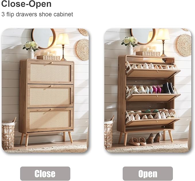 Rattan Shoe Cabinet, Slim Shoe Storage Cabinet for Entryway, 9.5" Narrow Flip Down Shoe Rack with 3 Drawers & Curved Corners, Freestanding Hidden Shoe Organizer, Natural Boho Style