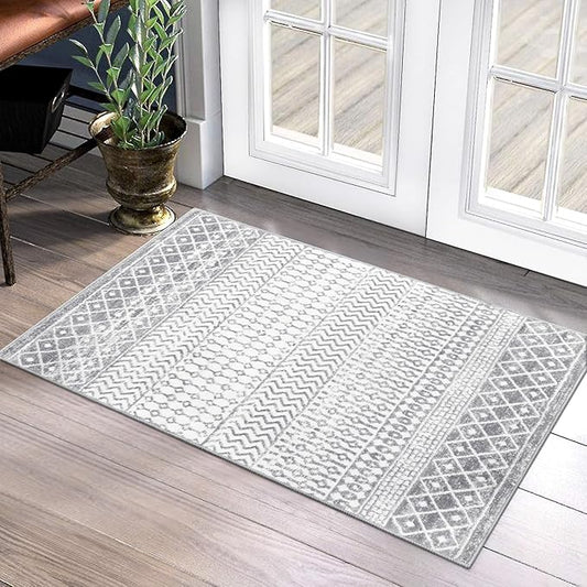 Moroccan Washable Rugs, 2x3 Light Grey Rug Non-Slip Small Distressed Entryway Rugs, Soft Low-Pile Bedroom Rug Indoor Doormat Carpet for Entryway Kitchen Bathroom