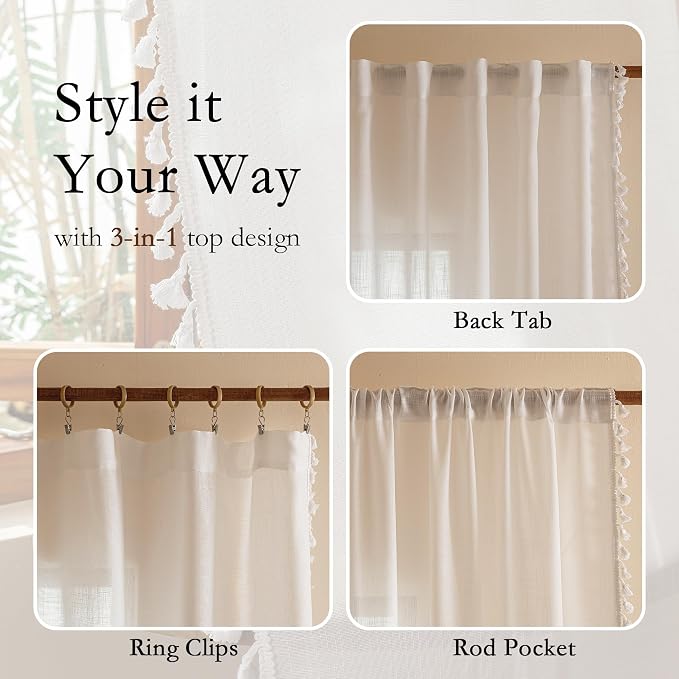 MYSKY HOME White 63 inch Length Semi Sheer Curtain for Short Window Light Filtering Privacy Protect Drapes Set, Back Tab Bohemian Farmhouse Home Decor,50" x 63", Pure White， 2 Pieces