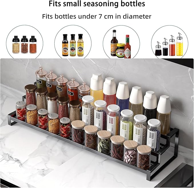 3 Tier Expandable Spice Rack Organizer, Heavy-Duty Black Metal Seasoning Organization Shelf for Cabinet, Kitchen & Pantry, Tiered Spice Shelf With Safety Lock, For Jars & Bottles, Countertop Storage