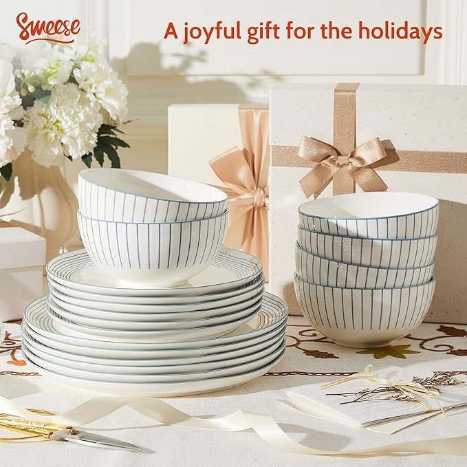 Sweese Lightweight Dinnerware Sets, Plates and Bowls Set for 6, 18 Pieces Stripe Dishes - Chip and Scratch Resistant, Microwave and Dishwasher Safe Porcelain Dinner Sets, Blue