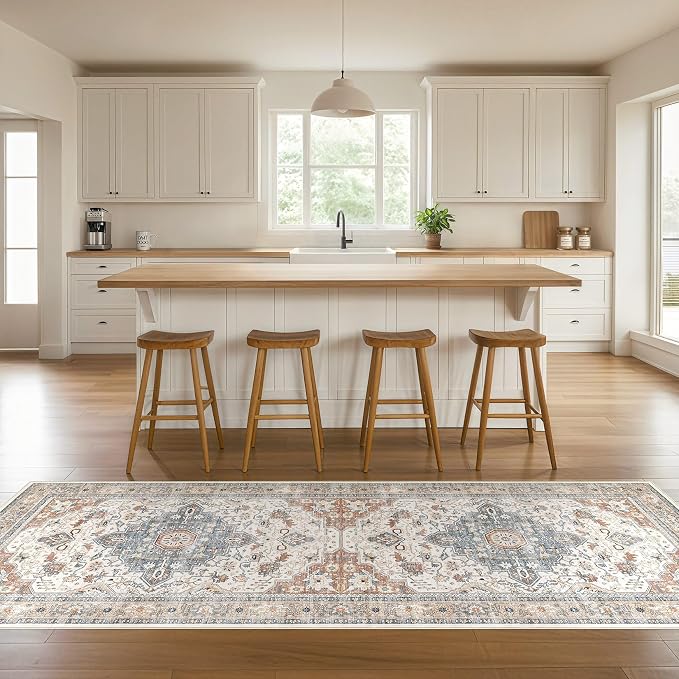 Runner Rug Kitchen Washable Rugs: 2x5 Non-Slip Boho Vintage Distressed Stain Resistant Indoor Neutral Farmhouse Throw Carpet for Hallway Bathroom Laundry Room Entryway Bedroom- Beige Blue