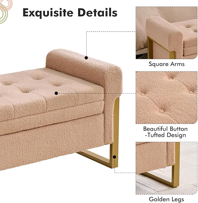 67" End of Bed Storage Bench King Size, Bench for Bedroom Foot of Bed, Upholstered Storage Ottoman with Gold Legs for Window Living Room, Teddy Camel