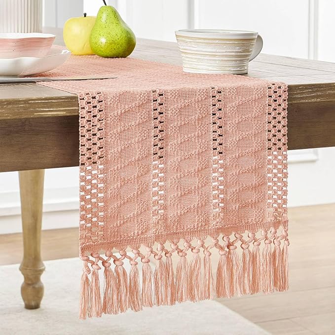 ZeeMart Macrame Style Boho Table Runner, Pink Table Runners 90 Inches Long, Farmhouse Woven Home Decor, 12x90 Inch, Rose Pink
