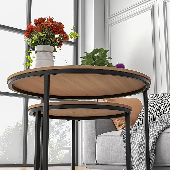 HOJINLINERO Round Coffee Table,Nesting Coffee Table Set of 2,Center Tables for Living Room,Office, Home Small Space,Stacking Side Tables,Sturdy and Easy Assembly,Wood Desktop,Black+Teak OAKDK,Large