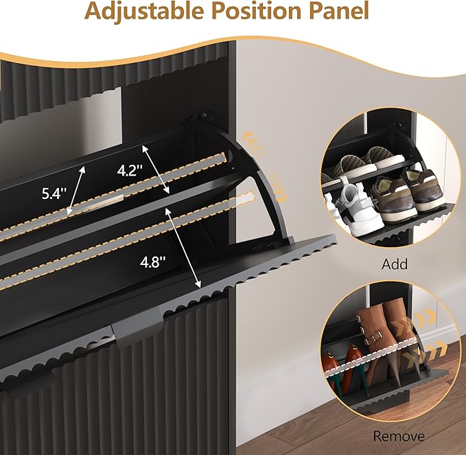 HUANLEGO Shoe Cabinet Storage for Entryway with 6 Flip Drawers, Black Fluted Shoe Cabinet with Adjustable Shelves, Wooden Hidden Shoe Rack Freestanding Narrow Slim Shoes Storage for Hallway, Entrance