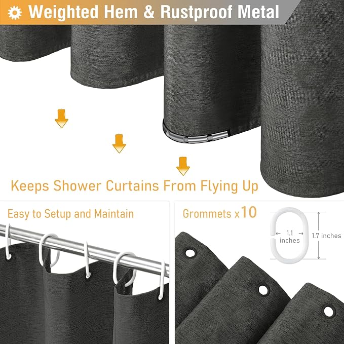 BTTN Stall Fabric Shower Curtain, 54x78 Inch Long Linen Cloth Heavy Duty Thick Shower Curtain Set with 10 Plastic Hooks, Hotel Spa Weighted Waterproof Neutral Bath Curtains for Bathroom, Charcoal Grey