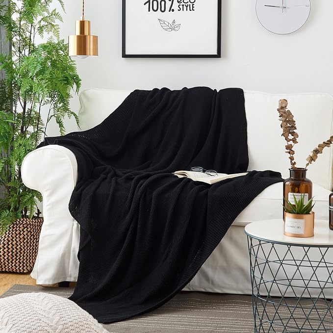 Longhui bedding Black Cotton Cable Knit Throw Blanket for Couch Sofa Chair Bed Home Decorative, 2.5 Pounds 50 x 60 Inch Lightweight Woven Throw Blankets with Bonus Laundering Bag, Machine Wash