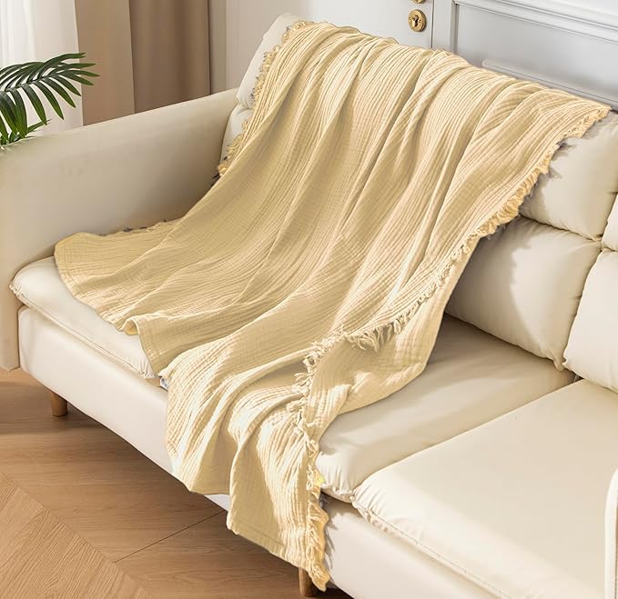 KyraHome 100% Organic Cotton Muslin Blankets for Adults, Large 60"x80", Plant Dyed, Lightweight Breathable Gauze Throw Blanket for Couch, Picnic, Summer All Season (Shortbread/Creamy)