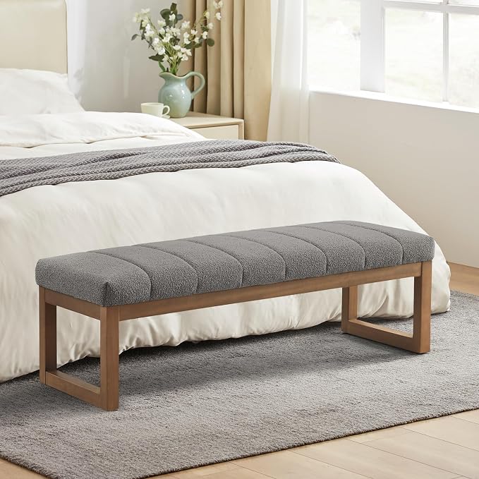 Zihanhome 52.7" Bedroom Bench for End of Bed, Modern Upholstered Teddy Fabric Entryway Bench & Dining Bench, Footrest Stool Bench with Solid Wood Frame for Bedroom, Living Room (Light Grey)