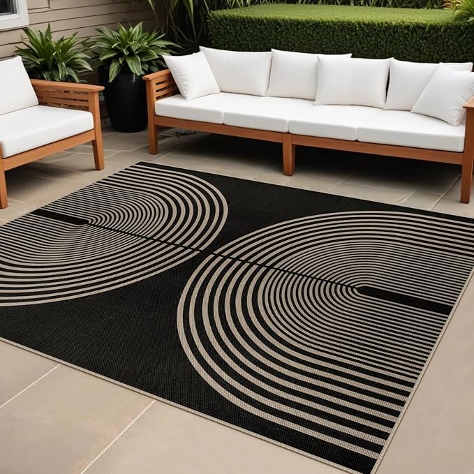 Rugalia Easy Jute 5x7 Outdoor Patio Rug, Washable Black Boho Rainbow Rugs for Living Room, Non-Slip Modern Farmhouse Outdoor Mat Neutral Abstract Floor Carpet for Patio Dining Room Backyard