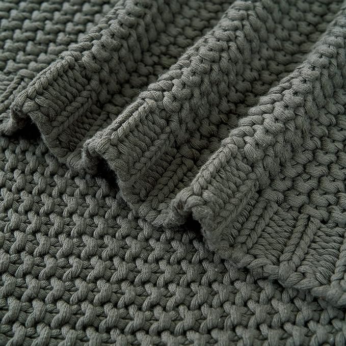Chunky Cable Knit Throw Blanket Lightweight Grey 100% Organic Cotton Blanket for Sofa Couch Bed Baby Nursery, Rustic Shabby Chic Modern Farmhouse, Gray 60” x 80” Give Laundering Bag
