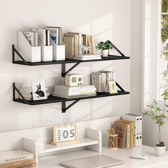 Heimlove Black Deep Floating Shelves for Wall, 20W x 12D Wood Wall Shelves Set of 2, Wide Floating Bookshelf for Living Room, Kitchen, Office, Bedroom and Decor Storage, with Metal Bracket - Black