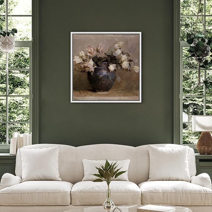 SIGNFORD Framed Canvas Print Wall Art Impressionist Roses in Vase Textured Floral Still Life Nature Wilderness Illustrations Rustic Zen Colorful for Living Room, Bedroom, Office - 24"x24" White