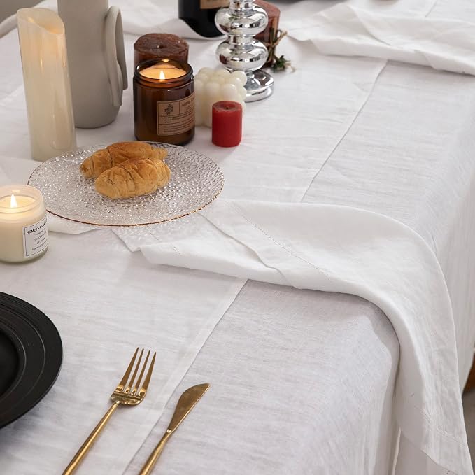 EVERLY Pure Linen Hemstitch Tablecloth,100% Stonewashed French Linen tablecloths for Kitchen Dining Rectangle Tables,60x84Inch Machine Washable Christmas Thanksgiving Organic Tablecloth-White