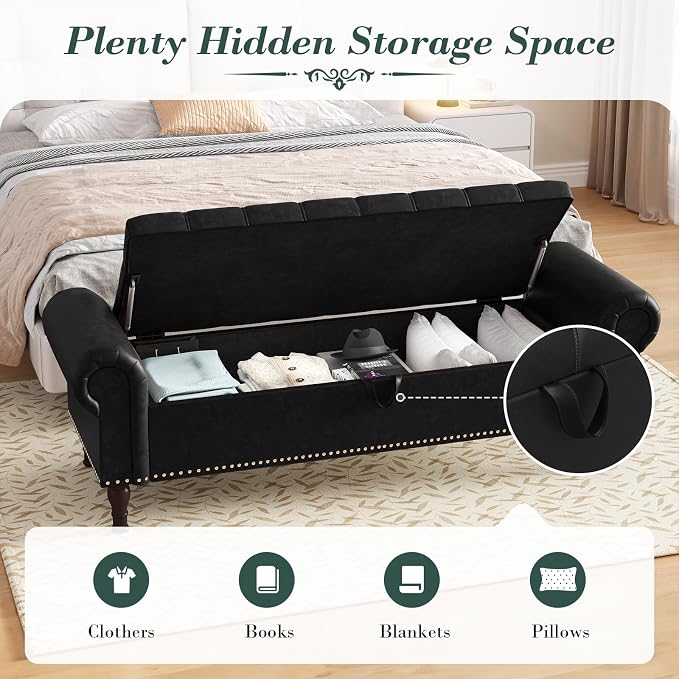 Apicizon 60” Bench with Storage, Queen Size Faux Leather End of Bed Bench with Tufted Button, Ottoman Bench with Rolled Arms & Vintage Rivets for Foot of Bed, Living Room, Entrance, Black