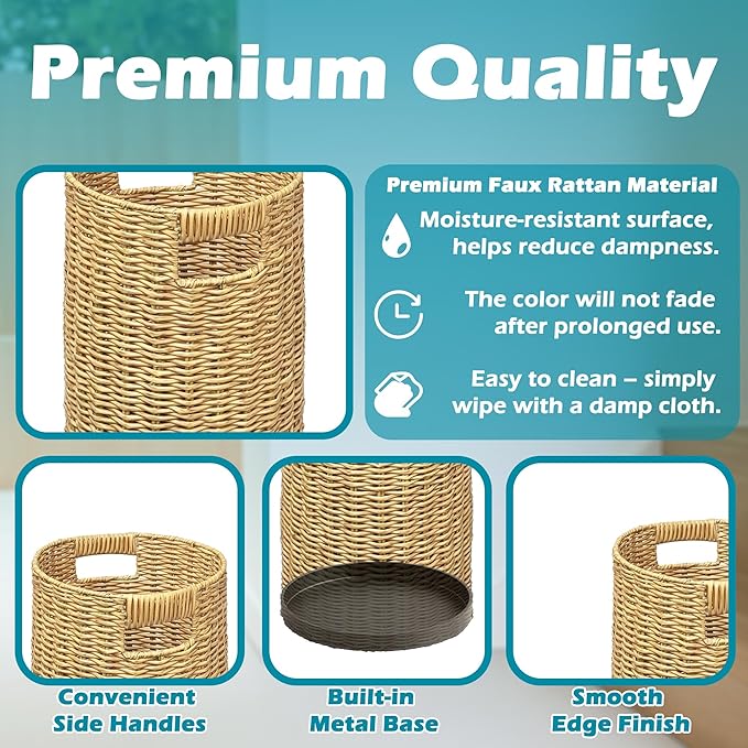 Rattan Umbrella Holder 21" H X 10" D, Handmade Wicker Umbrella Stand Indoor with Dip Tray, Sturdy Umbrella Holders for Entryway, Umbrella Bucket Fits Mudroom,Walking Canes,Home,Office (Oak)