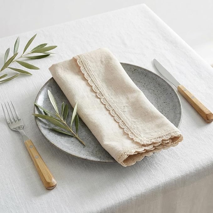 Flax Lace Cloth Dinner Napkins Set of 12 Natural - 20x20 Inches, Spring Basket Décor Premium Cotton Linen Dinning Table Napkin for Mother's Day, Wedding, Birthday | Soft Banquet Event Napkin