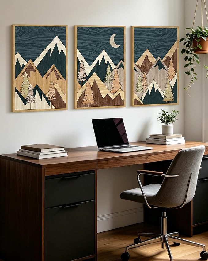 KUVIOKE Woodcut Pine Tree Forest Mountains Framed Wall Art Nature Landscape Prints Morden Farmhouse Bedroom Hallway Ready to Hang 16x24in (Natural Framed)