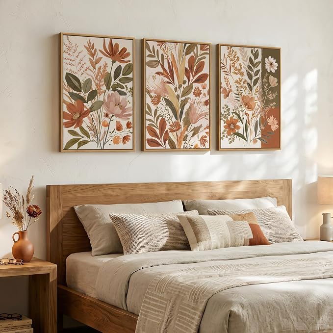 Framed Vintage Botanical Wall Art for Living Room Decor, 3 Piece Boho Warm Neutral Terracotta Floral Nature Canvas Prints, Retro Farmhouse Plant Wall Art for Bedroom Dining Room Entryway, 16x24