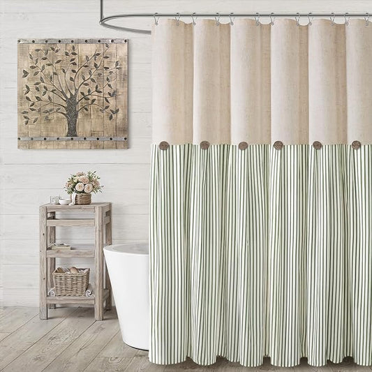 Farmhouse Shower Curtain Linen Button Woven Fabric Country Rustic Western, Pleated Green Stripe 72" W x 72" L
