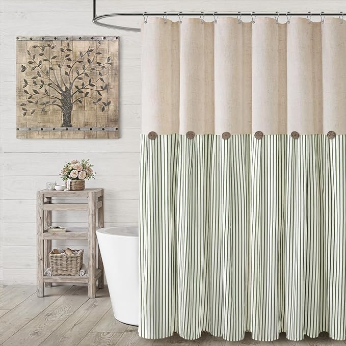Farmhouse Shower Curtain Linen Button Woven Fabric Country Rustic Western, Pleated Green Stripe 72" W x 96" L