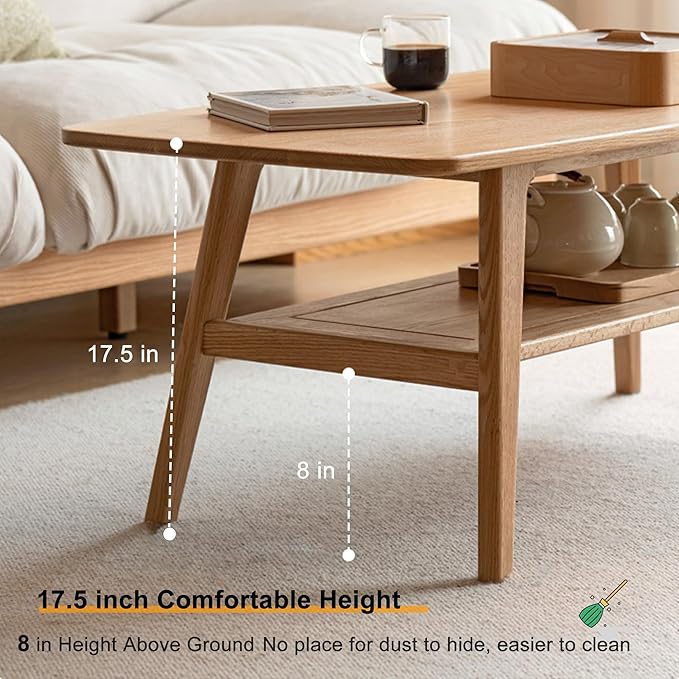 Modern Solid Oak Wood Coffee Table, 2-Tier Small Wooden Coffee Table with Storage Shelf for Living Room, Apartment, Office, Natural (32''D x 20''W x 18''H)