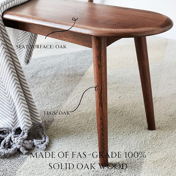 100% Solid Oak Indoor Dining Bench, Wood Bench for End of Bed with Safety Rounded Corners, Entryway Benches for Farmhouse, Kitchen, Living Room(Walnut,12" L x 39.5" W x 16.2" H)