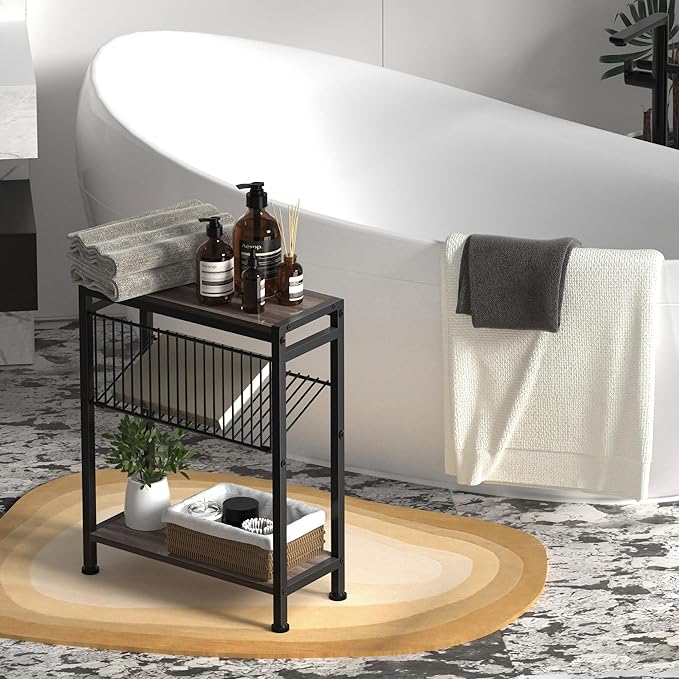 Small Side Table Set of 2 for Small Space, 3-Tier Narrow End Tablewith Magazine Holder,SmallNightstand, Skinny Snack Couch Table in Living Room, Bedroom Study and Balcony(Ash Brown)
