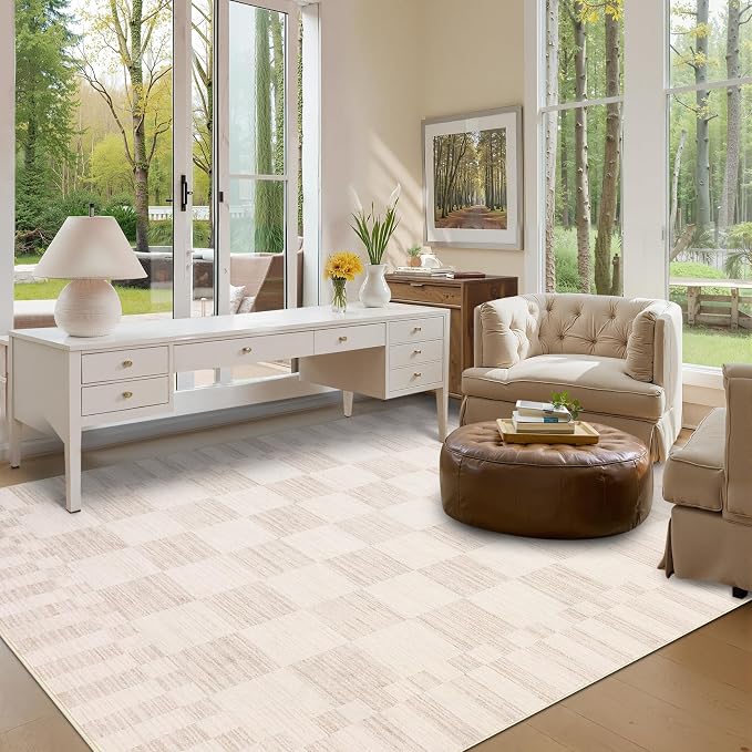 GarveeHome Beige Checkered Rug 5×7 Area Rugs for Living Room，Non-Slip Washable Rug Soft Low-Pile, Neutral Modern Farmhouse Geometric Rugs for Bedroom Dining Room Office