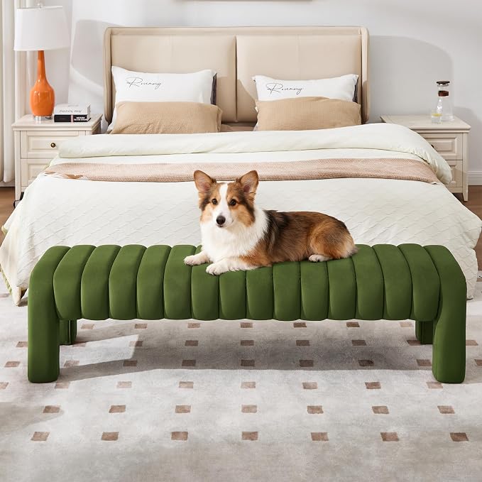 63’’ Bedroom Bench, Upholstered End of Bed Bench with Solid Wood Legs, Modern Dining Bench with Full Covered Fabrics for Entryway, Bedroom, Living Room (Green, Velvet)