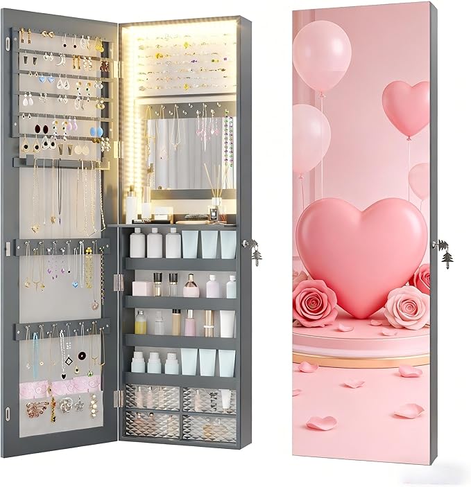 47.2" LED Jewelry Mirror Cabinet, Wall/Door Mounted Jewelry Armoire Organizer with Full Length Mirror, Large Storage Hanging Cabinet, 4 Drawers, 5 Shelves, Built-in Lighted Mirror (Grey)