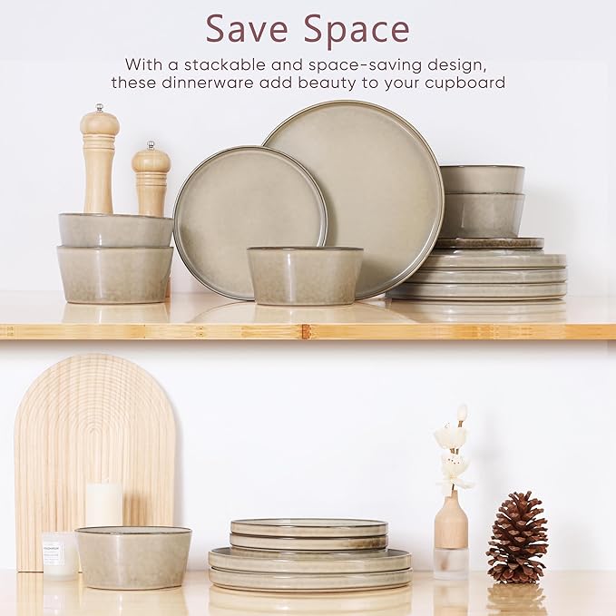 Herogo Stoneware Plates and Bowls Sets for 8, 24 Pieces Modern Dinnerware, Reactive Glaze Dishes Set for Kitchen, Chip Resistant, Microwave & Dishwasher Safe, Cream Khaki