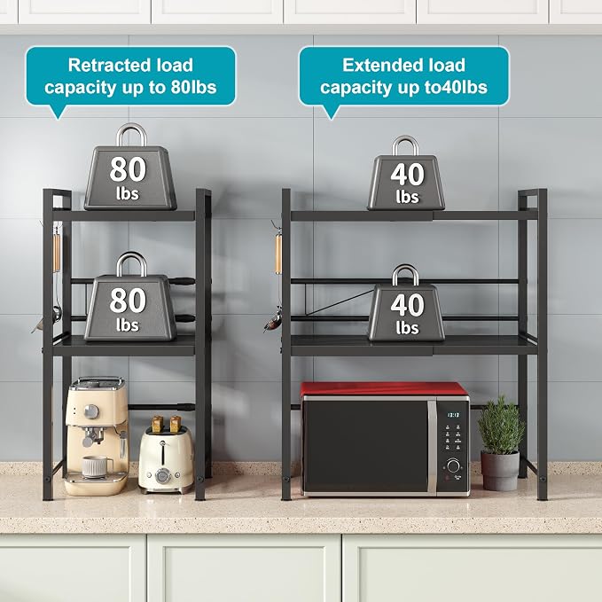 DOLALIKE Microwave Oven Rack, Expandable Microwave Stand Countertop Kitchen Utensils Tableware Storage, Carbon Steel Over Microwave Shelf Countertop with 3 Hooks