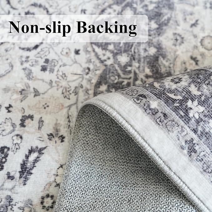 Hallway 2x6 Washable Runner Rug: Oriental Stain Resistant Kitchen Entryway Rugs Farmhouse Ultra Soft Bathroom Bedroom Print Floor Mat Thin Non Slip Indoor Carpet for Living Room Laudry (2 X 6, Grey)