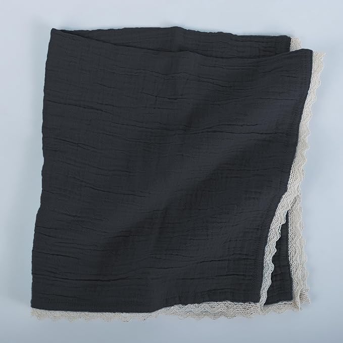 FINGERCRAFT Dinner Cloth Napkin Cotton Muslin Double Gauze 12 Pack with Classic Lace for Everyday Use, Wedding, Party, Christmas, Easter Napkins Cloth are Pre Shrunk and Good Absorbency Black