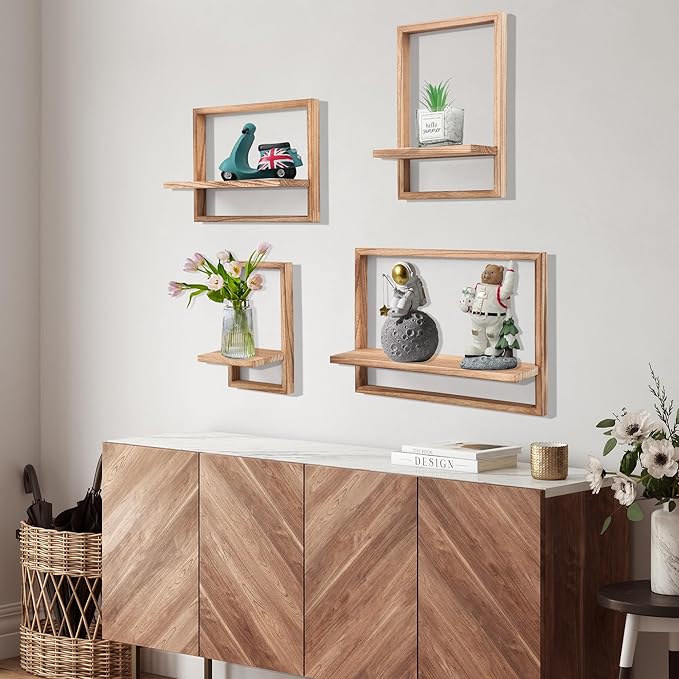 PHOENANCEE Square Floating Shelves,Framed Wall Shelf Decorative Set of 4,Modern Plants Hanging Display Art Decor Storage for Livingroom Bedroom Bathroom Farmhouse,Home Light Wood,Carbonized Black