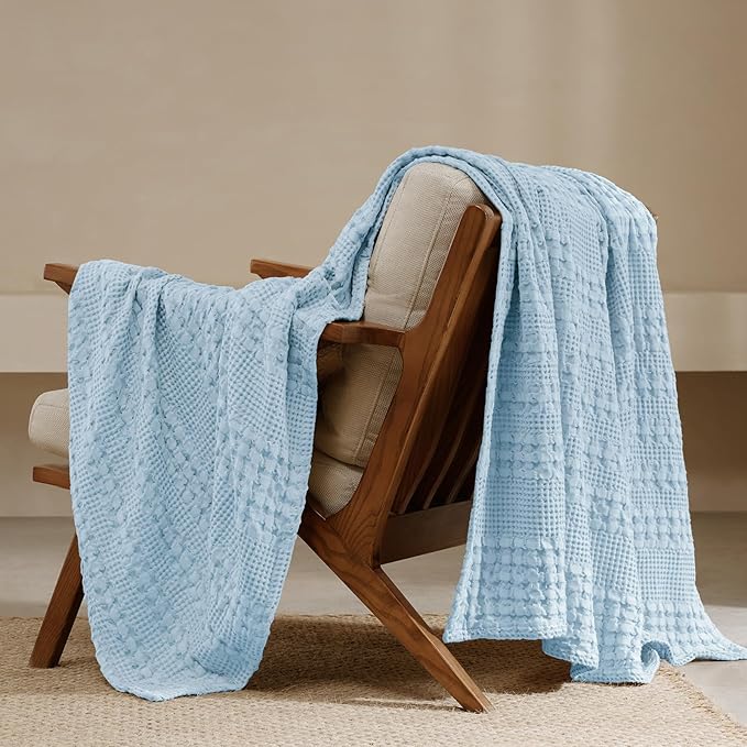 PHF 100% Cotton Waffle Weave Throw Blanket, Soft Lightweight Breathable Cozy Throws for Couch Bed Sofa, Luxury Aesthetic Blanket Gift for Home Decor & Office, 50"x60", Baby Blue
