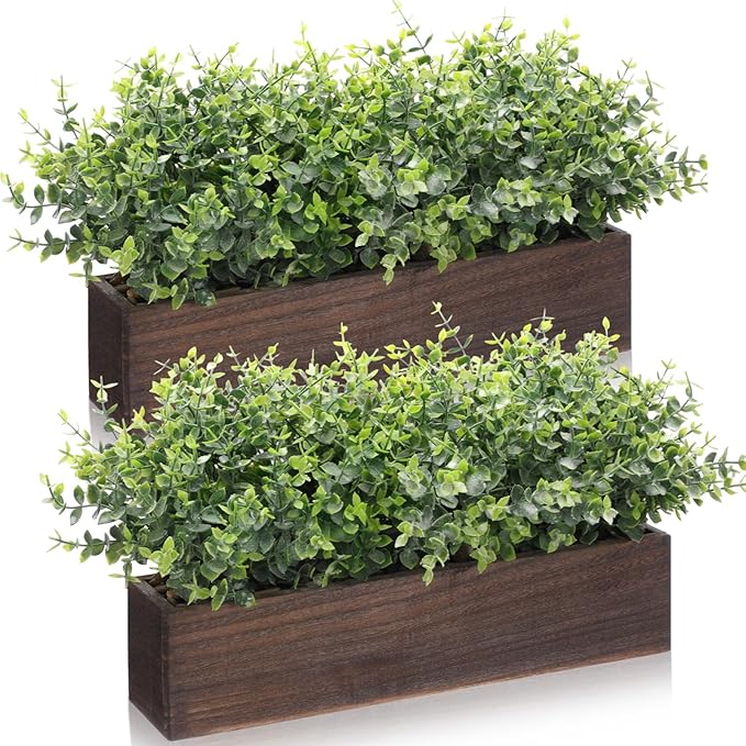 Lyrow 2 Pack Artificial Eucalyptus Plant in Rustic Rectangular Wooden Planter Box Greenery Faux Potted Herb Plant for Indoor Wedding Table Centerpiece(Green,16.1 x 3.7 x 8.7 Inches,Retro Style)