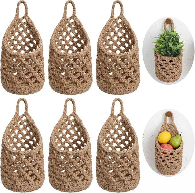 6 Pack Macrame Plant Hangers, Small Hanging Planters for up to 5 Inch Pot | Hanging Fruit Baskets for Kitchen Boho Wall Planters for Indoor Plants, Cup and Wall-Mounted Storage-Brown, 9.4" X 5.1"
