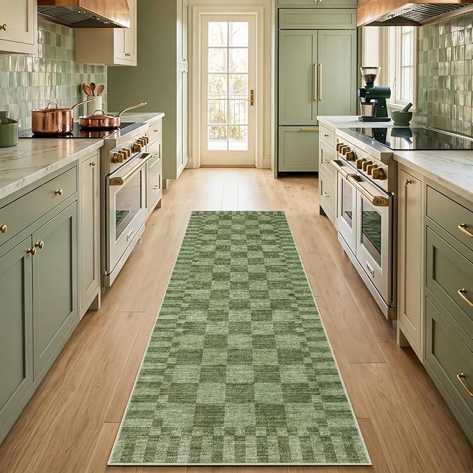 GarveeHome Moss Green Checkered Rug 2x3 Washable Rug Non-Slip for Entryway, Soft Low-Pile Small Area Rugs,Beige Neutral Modern Geometric Rugs for Kitchen