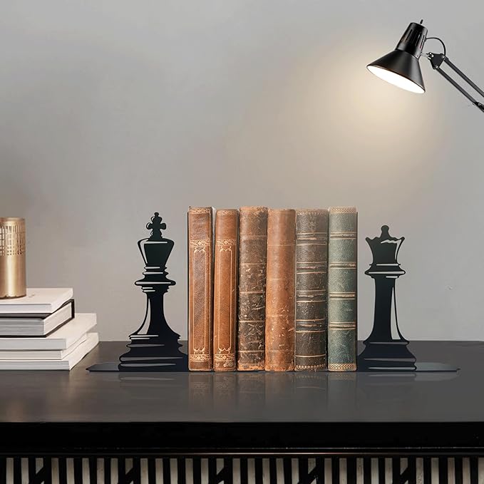 Chess Decor International Chess Bookends - Exquisite Decorative Book Ends for Shelves, Vintage Style Giant Chess Pieces, 6.57x5.91x1.18 inches