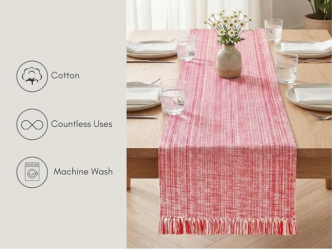 PurpleEssences Chambray Table Runner with Fringes - 100% Cotton, 13x72 Inch - Rustic Farmhouse Table Décor, Reusable, Machine Washable for Dining Tables - Spring Easter Summer - Red & H.White