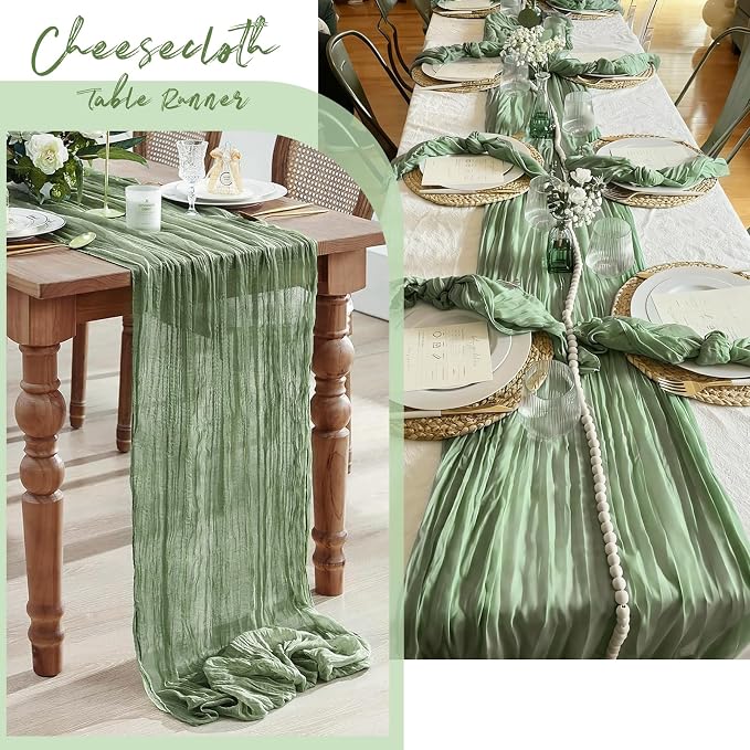 6 Pack Sage Green Cheesecloth Table Runner, 17 x 108 Inch, Gauze Cheese Cloth Table Runner Rustic Sheer Runner for Wedding Birthday Party Baby Shower Table Decor(Sage Green)