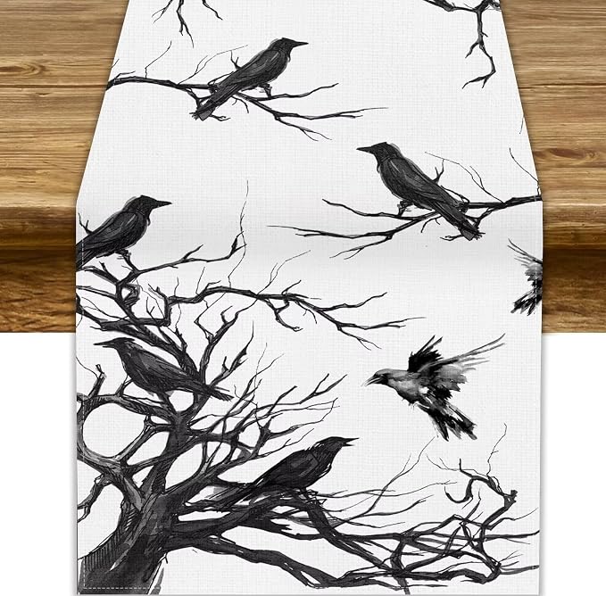 Silhouette Tree Crows Halloween Table Runner Branches Fall Kitchen Dining Table Decoration for Outdoor Home Party for Living Room Holiday Dinner Home 13x70in