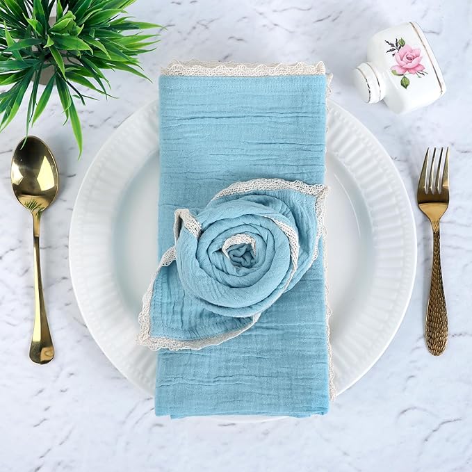 FINGERCRAFT Dinner Cloth Napkin Cotton Muslin Double Gauze 12 Pack with Classic Lace for Everyday Use, Wedding, Party, Christmas, Easter Napkins Cloth are Pre Shrunk and Good Absorbency Aqua Marine